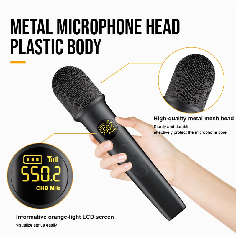 [AUSTRALIA] - NG-88 2-Channel Wireless Microphone System, VHF Fixed Dual Band Wireless Kit with 2 Handheld Dynamic Transmitter Microphones and Receiver Base, for Sing, Wedding, DJ, Party, Black 