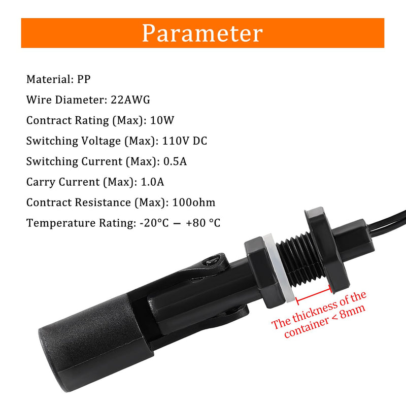 KUOQIY 2 x M12 10 W Water Level Sensor, PP Side-Mounted Horizontal Liquid Float Switch, Water Liquid Level Sensors, with Spring Wire Connector, for Tank Pool, Black M12 – Schwarz – 2 Stücke