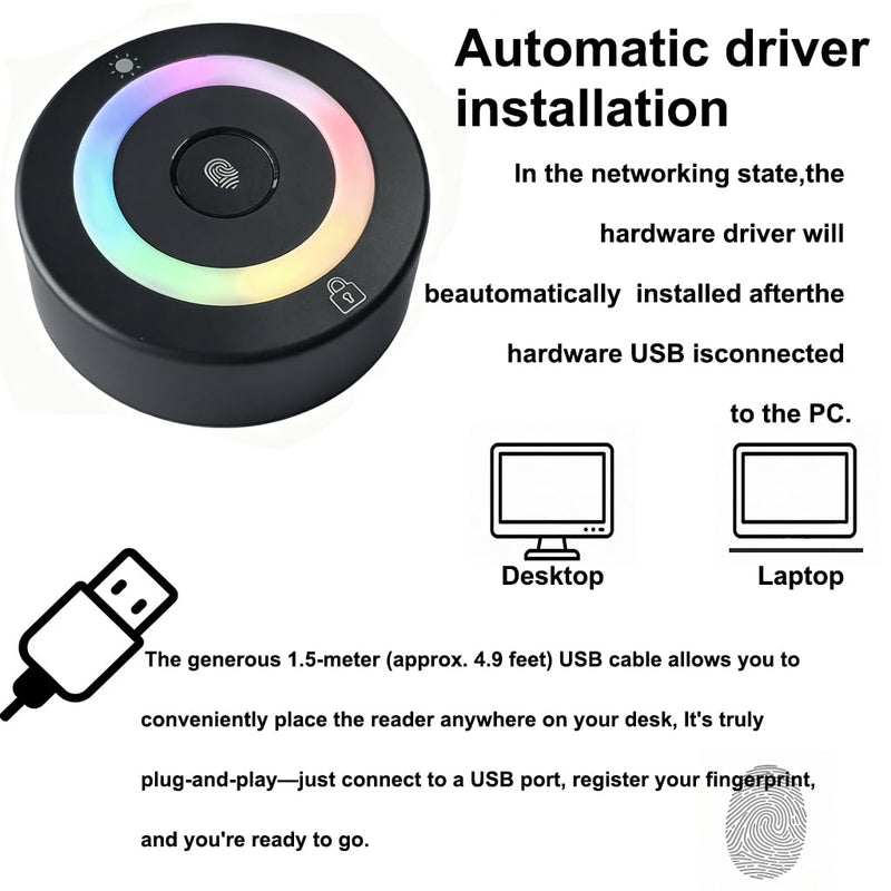 USB Fingerprint Reader Fingerprint for Windows10/11, Tap and Go with 360° Touch with 5ft Extension Cable-Windows Password Free Operation Windows Hello Automatic Driver Installation