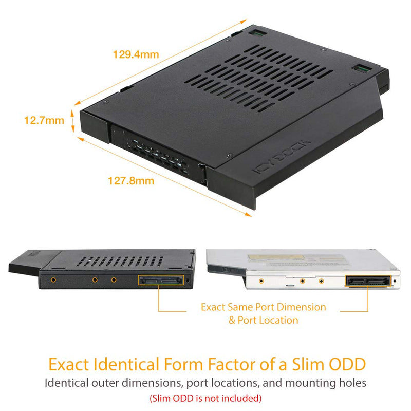 ICY DOCK 2.5" SSD / HDD Hot-Swap SATA Mobile Rack for 12.7mm Slim CD/DVD-ROM Optical Bay | ToughArmor MB411SPO-1B (Fits 12.7mm Height ODD Slot)