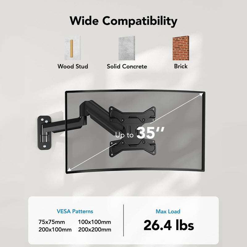 HUANUO Computer Monitor Wall Mount for 22"-35" Screens, Gaming Wall Mount Monitor Arm Holds up to 26.4lbs, Vesa Mount with Tilt, Swivel, Rotation, Supports 75x75mm, 100x100mm, 200x200mm, Black