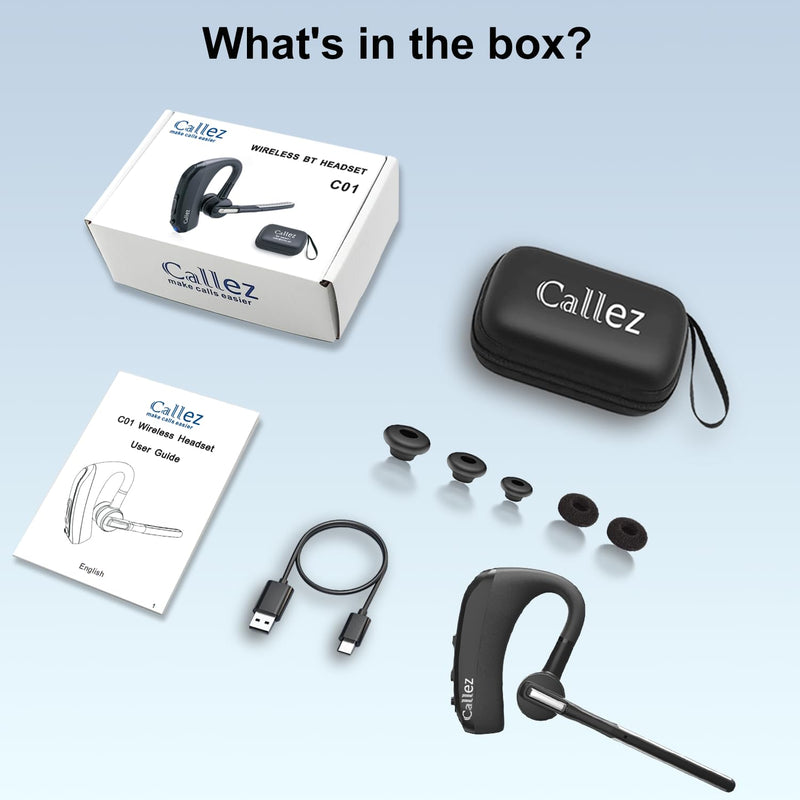 Callez Bluetooth Headset V5.0, Bluetooth Earpiece with CVC8.0 Dual Mic Noise Cancelling Wireless Headset for iPhone Android Cell Phone Trucker Business Office Work, Clear Chat Black