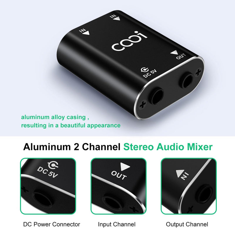 2 Channel Stereo Audio Mixer - Metal Shell, AUX Interface Support 2 In 1 Out Mini Stereo Sound Mixer Includes 1-Meter Audio Cables - For PC, Phone, Laptop, Headphones
