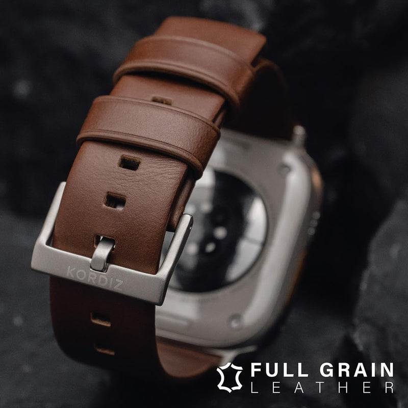 KORDIZ Modern Leather Band - Geniune Full-Grain Leather band compatible with Apple Watch band ULTRA 3 & ULTRA 2/1 [49mm] - Stylish and Durable Minimalist for Your Wrist - Rugged Patina Ultra Black (49mm) | Dark Brown