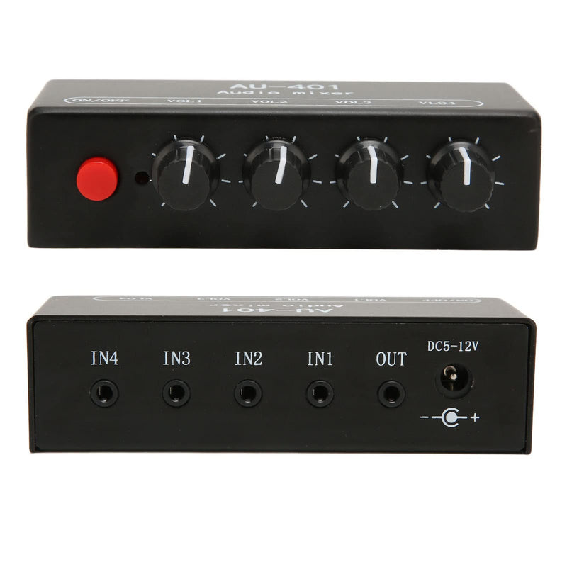 Audio Mixer, 4 in 1 Out Independent Volume Control 3.5mm Stereo Socket 2x Amplification Line Mixer Anti Interference Metal Housing Mini Audio Mixer for PC, Cell Phones, Laptops