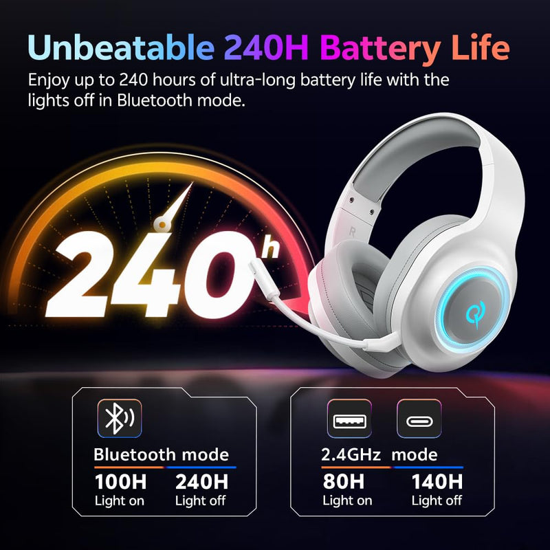 QCY HEROAD V200 Gaming Headset for PC/PS5/PS4/Switch Over Ear Headphones | 240Hr Battery, 7.1 Surround Sound, USB-C Headphones for Multi-Platform, Bluetooth 6.0 White