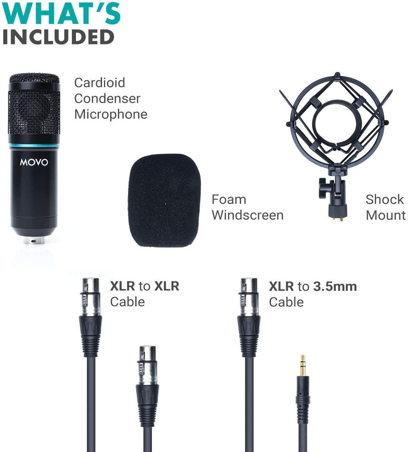Movo PC-M6 Universal Cardioid Condenser Microphone with XLR and 3.5mm, Shock Mount, and Windscreen - Perfect for Podcasting, Live-Streaming, Gaming, Remote Work