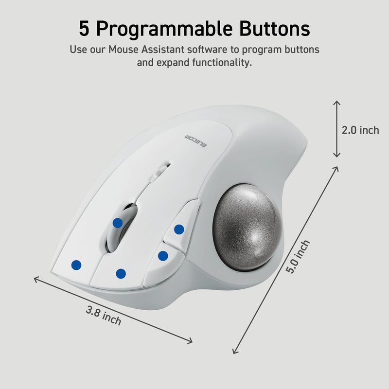 ELECOM Ergonomic Comfort Design Trackball IST Wireless 2.4GHz Connect, Super-Smooth Tracking with Roller Ball Bearing, 36mm Ball, Thumb Control, Compatible for Windows, PC, and Mac White (M-IT11DRWH) USB-Wireless