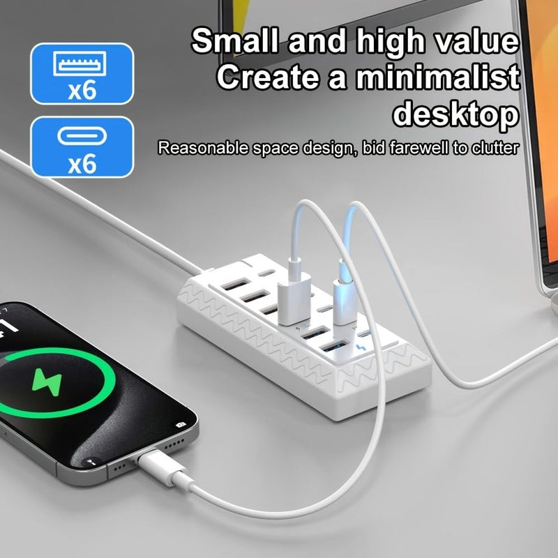 12-Port USB Hub, Compact Multi-Device Interface Station for Laptops, Tablets and Electronics Home Office Use