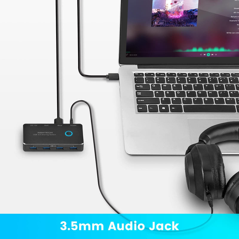 RSHTECH 7 PortPowered USB 3.0 Hub with AC Adapter + 2 in 5 Out USB Switch with 4 USB 3.0 Ports, 3.5mm Audio Jack and 2 Pack USB Cable