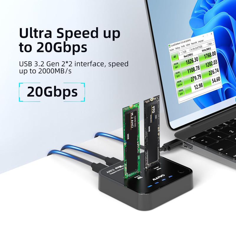 MAIWO Dual Bay M.2 NVMe Duplicator Cloner Dock, Support Max 2 x 4TB 20Gbps AHCI to NVMe Clone, PCIe SSD Read&Write&Clone for 2230/2242/2260/2280/22110 SSDs NVMe SSD Dock & Cloner 20Gbps