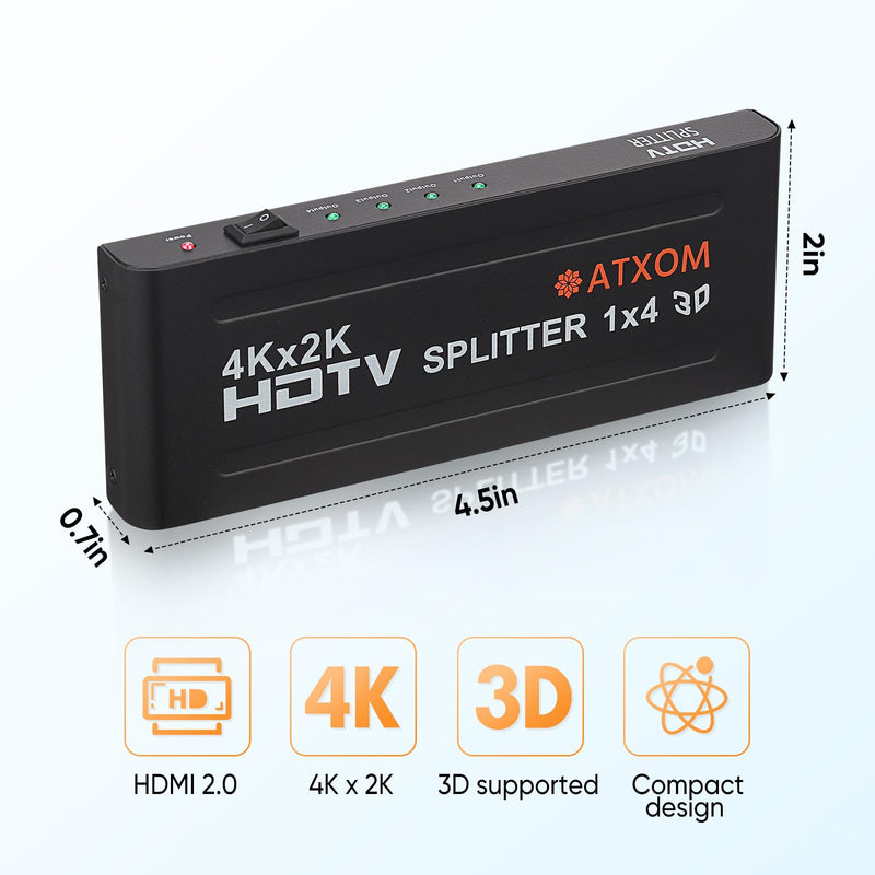 [AUSTRALIA] - HDMI Splitter 1 in 4 Out - 1x4 HDMI Display Duplicate/Mirror - Powered Splitter Full HD 1080P, 4K - One Source to Four Identical Displays 