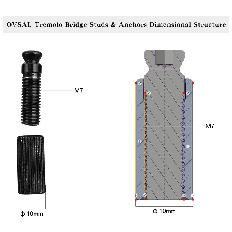 Electric Guitar Bridge Studs Anchors Black M6 Metric Thread Mounting Studs and Inserts Bushings Compatible with Modern American Standard Stratocaster Strat Guitar Bridges Replacement Parts Style A