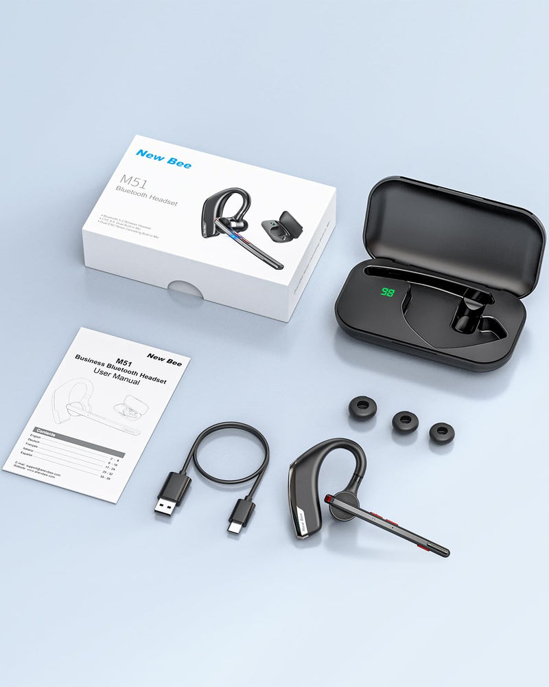 New Bee Bluetooth Headset, Wireless Bluetooth Earpiece for Cellphone with 500mah Charging Case 80h Playtime V5.2 Dual Mic Noise Cancelling Hands-Free Earphones for Office Driver 2 PACK
