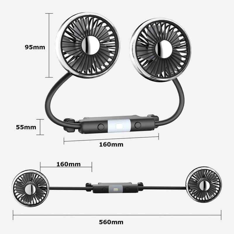Dual-Head USB Car Fan for Backseat | LED Light