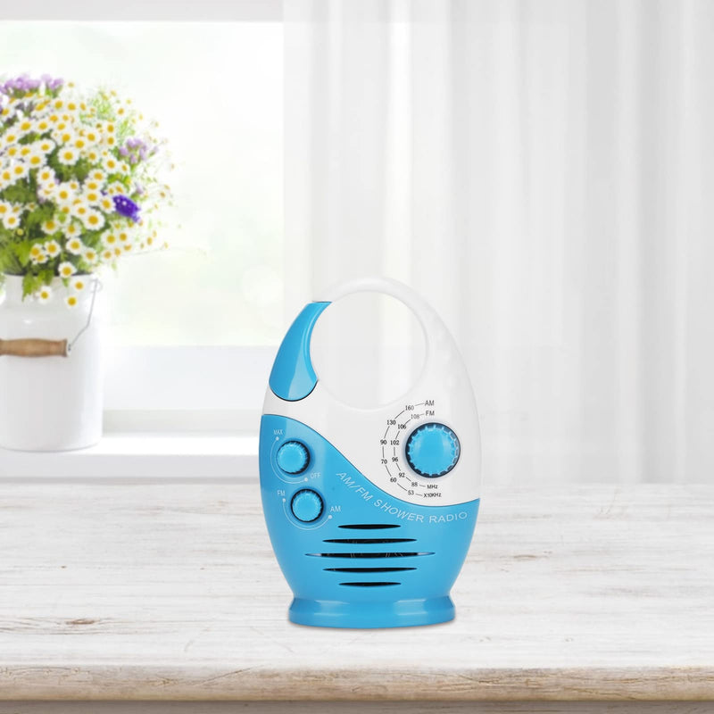 Waterproof Shower Radio, AM/FM Radio with Adjustable Volume Speakers, Battery Powered Portable Speakers with Hook Handle for Shower Rooms Bedside Tables Garages Blue