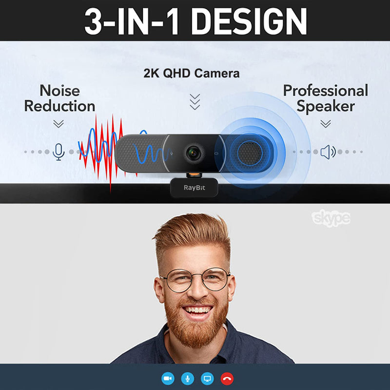 3 in 1 Webcam - 2K HD USB C Webcam with Microphone and Speaker, Stereo Sound & Noise-Cancelling Mics, Privacy Cover, Light Correction, Autofocus Conference Web Camera for Computer/Laptop/PC/Monitor SeeUpMini