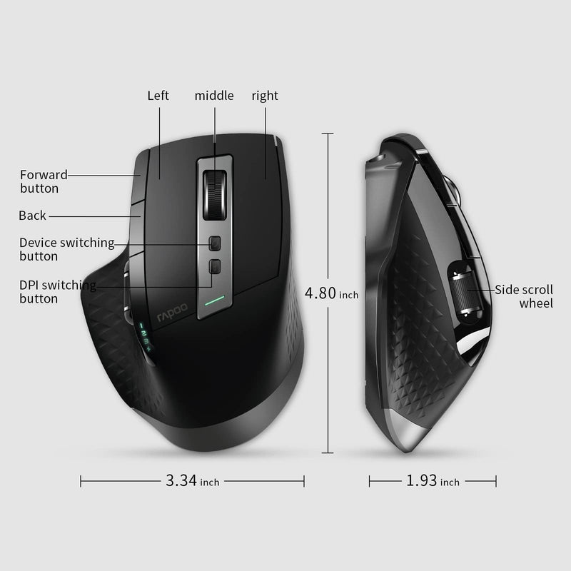 Bluetooth Wireless Mouse, RAPOO 4 Adjustable DPI Rechargeable Bluetooth Mouse, Multi-Device (3 Bluetooth+USB) Programmable Ergonomic Mouse with Side Roller, Laser Mouse for Laptop Desktop PC, Black