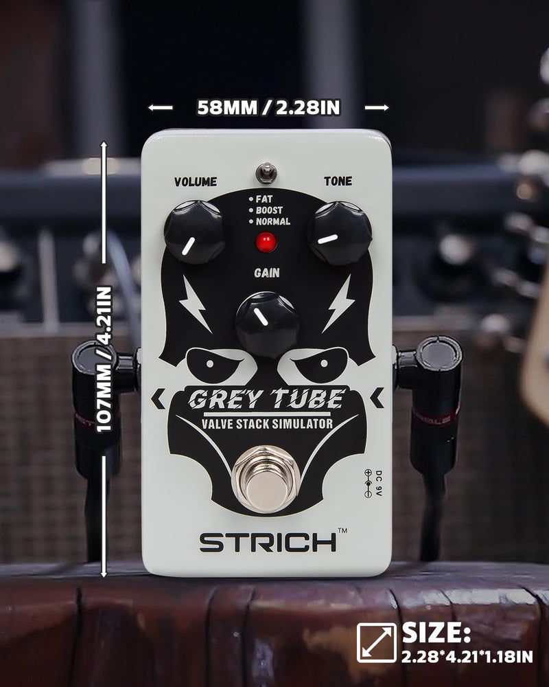 STRICH GREY TUBE Distortion Guitar Pedal, Distortion 3 Modes Fat, Boost, Normal Classic Crunch 80s Metal/Nu Metal, True Bypass for Electric Guitar, White White Distortion