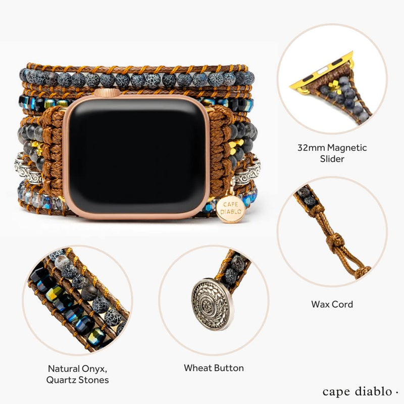 Cape Diablo Onyx Moonlight Smart Watch Strap - Genuine Energy Crystal Band - Boho, Black & Gold Beaded, Adjustable, Healing Chakra Stone Watch Bracelet - Apple Models 4, 5, 6, 7, 8, 9, SE - 38-45mm
