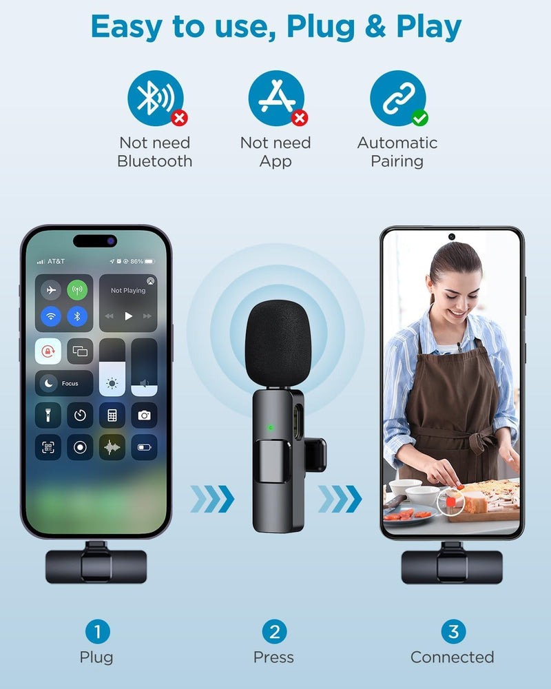 2 Pack Wireless Microphone for iPhone 15 Series,iPad,Android, USB-C Wireless Clip-on Microphones for iPhone Video Recording, YouTube, Interview, TikTok, Vlog, MC-1