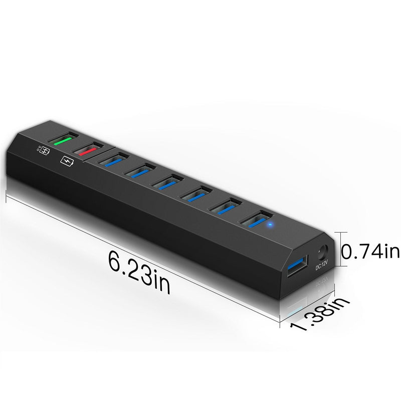 8-Port USB Hub, RAOYI USB Hub 3.0 Powered, 6 Port USB 3.0 Data Hub with 12V Power Adapter, 3.3ft USB Cable for MacBook, Mouse, Laptop, PC, USB Flash Drives, HDD Hard Drive (Black) Black