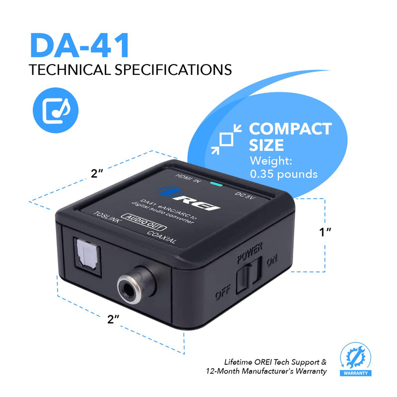[AUSTRALIA] - OREI eARC/ARC HDMI to Optical/Coaxial Audio Extractor, - Supports Dolby 5.1 Channel, DTS 5.1, LPCM 2.0 Channel HDTV Soundbar Speaker Amplifier (DA41) eARC/ARC to Optical/Digital Audio 