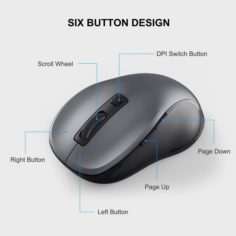 [AUSTRALIA] - WisFox 2.4G Wireless Mouse for Laptop, Ergonomic Computer Mouse with USB Receiver and 3 Adjustable Levels, 6 Button Cordless Mouse Wireless Mice for Windows Mac PC Notebook (Grey) Gray 
