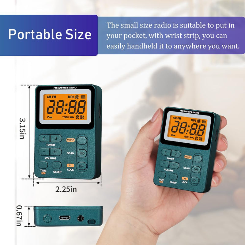 Portable Radio AM FM, Rechargeable Pocket Radio with Best Reception Digital Tuning, MP3, Stereo Earphone, Large LCD Screen, TF Card Socket, Transistorfor Radio for Jogging/Gym/Camping…