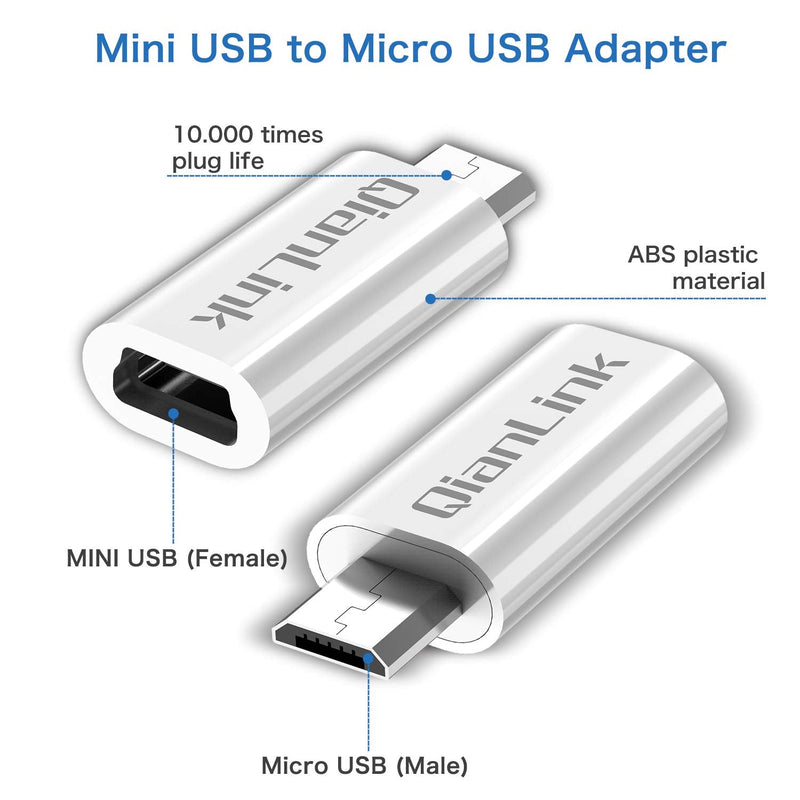Mini USB to Micro USB Adapter, (2-Pack) Mini USB Female to Micro USB Male Convert Connector Charge & Data Sync Compatible with Samsung Galaxy S6 S7 Edge, LG Nexus 5 4 and Micro USB Devices(White)
