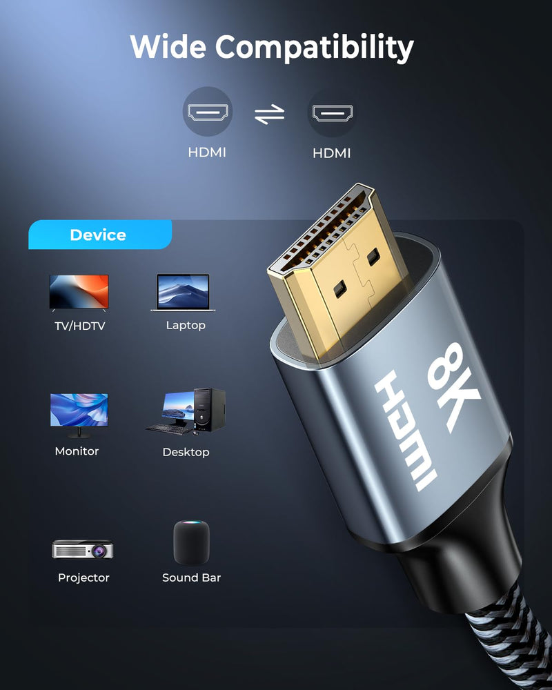 CABNEER 8K HDMI 2.1 Cable 1 m, HDMI Cable High Speed 48Gbps 8K @ 60Hz 4K @ 120Hz 2.2/2.3 for Dolby eARC HDCP HDR, Compatible with HDTV, Laptop etc 1 piece 1m