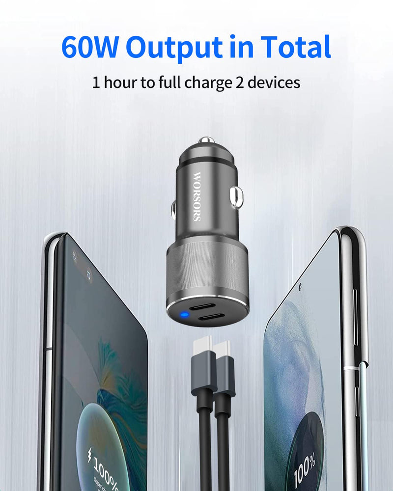 Dual USB C Car Charger, 60W PD (30W + 30W) Super Fast Charging Adapter Metal for iPhone 15 Pro Max, Samsung Galaxy S24 Ultra/S24 Plus/S24/S23/S22/S21, Note 20/10, iPad Pro + 2X Type C to C Cable 3.3Ft Gray