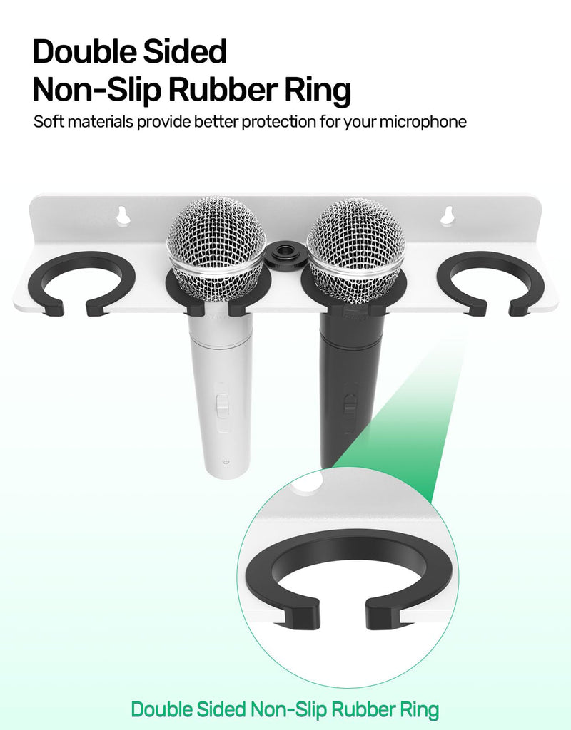 4-Slot White Multi Microphone Holder for Wired and Wireless Mics, Hold Up to 4 Mics, Multiple Mic Organizer Storage for Mic Stand, Rubber Padding/Wall Mounted or Mounted to 5/8"-27 or 3/8"-16 Stand