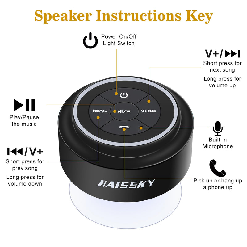 HAISSKY Bluetooth Shower Speakers, Portable Wireless Speaker with Suction Cup, IP67 Waterproof Speaker Pairs Easily to Phones, Tablets, Computer, Gift for Men & Women Black