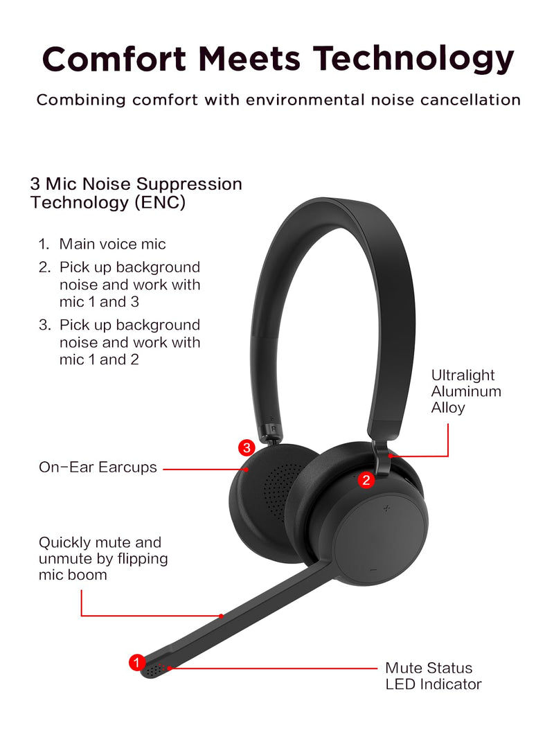 Lenovo Wireless Stereo Headset, Noise Cancelling Mic, Bluetooth 5.3 Multipoint, 31-Hour Talk & 60-Hour Playback, Lightweight 138g, Replaceable Earcups Over-Ear Comfort, Gaming, Office, & PC Use | Bluetooth headset with noise cancellation and 31-hour ta...