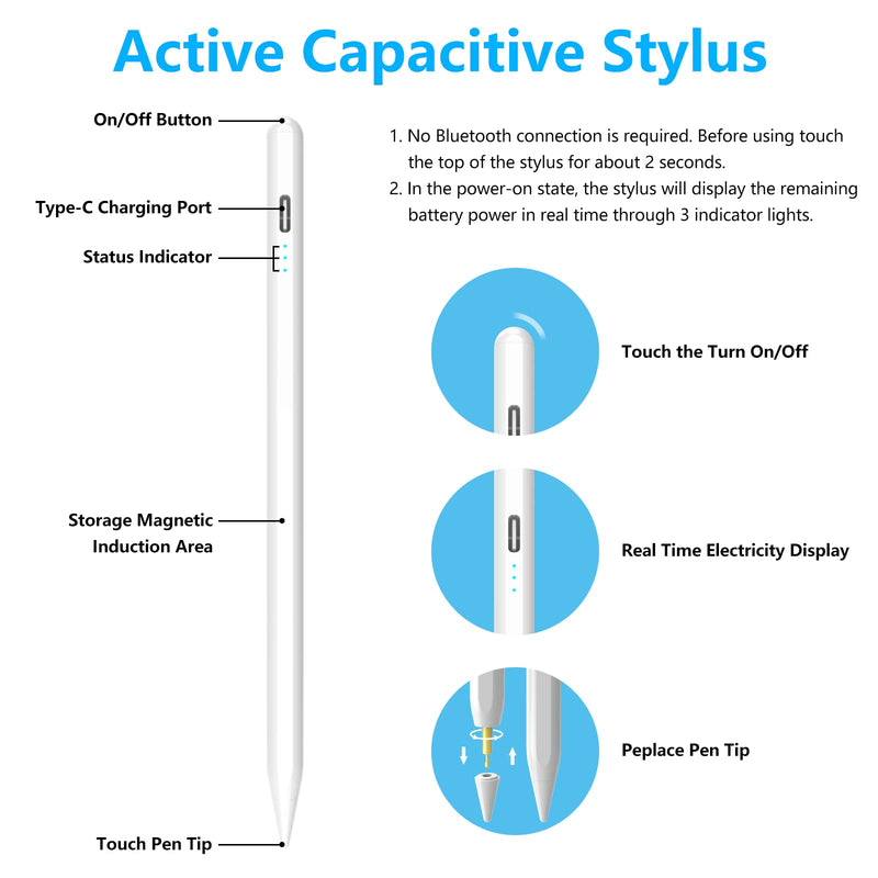 Stylus Pen for iPad, Stylus Pencil for (2018-2022) Apple iPad Pro 2021 11/12.9 Inch, iPad 6/7/8th Generation, iPad Air 4th/3rd, iPad Mini 5th Gen, for iPad Accessories Magnetic Stylus Pen, White