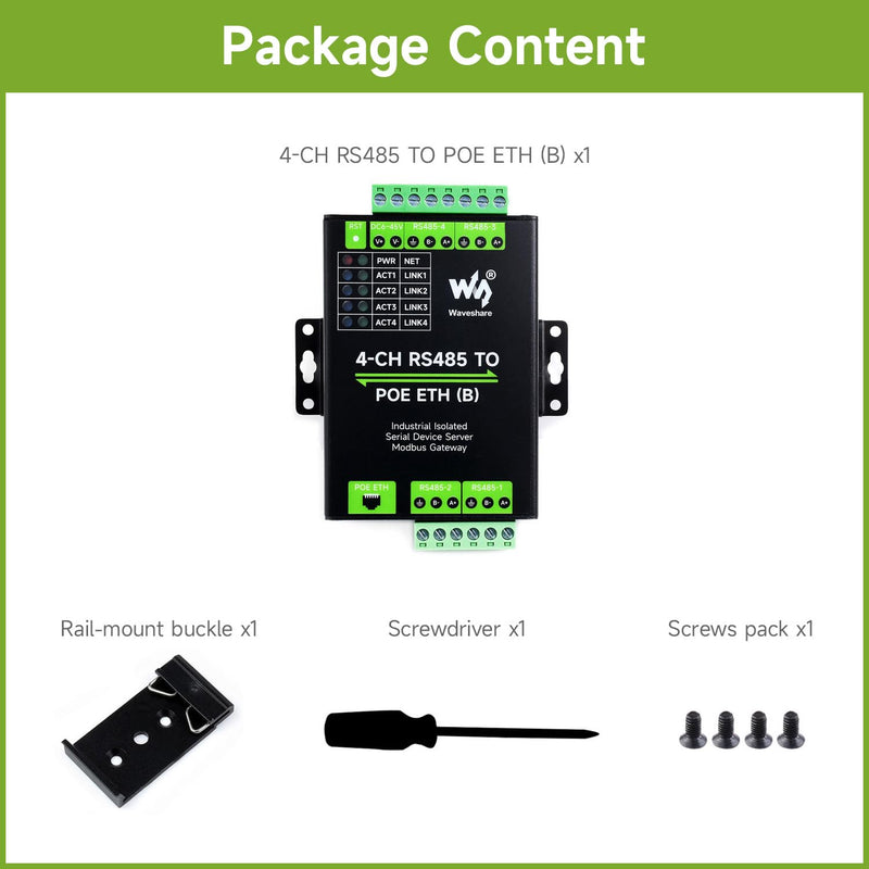 waveshare 4-Ch RS485 to RJ45 Ethernet Serial Server, 4 Channels RS485 Independent Operation, Rail-Mount Industrial Isolated Serial Module, Modbus Gateway, PoE Ethernet Port