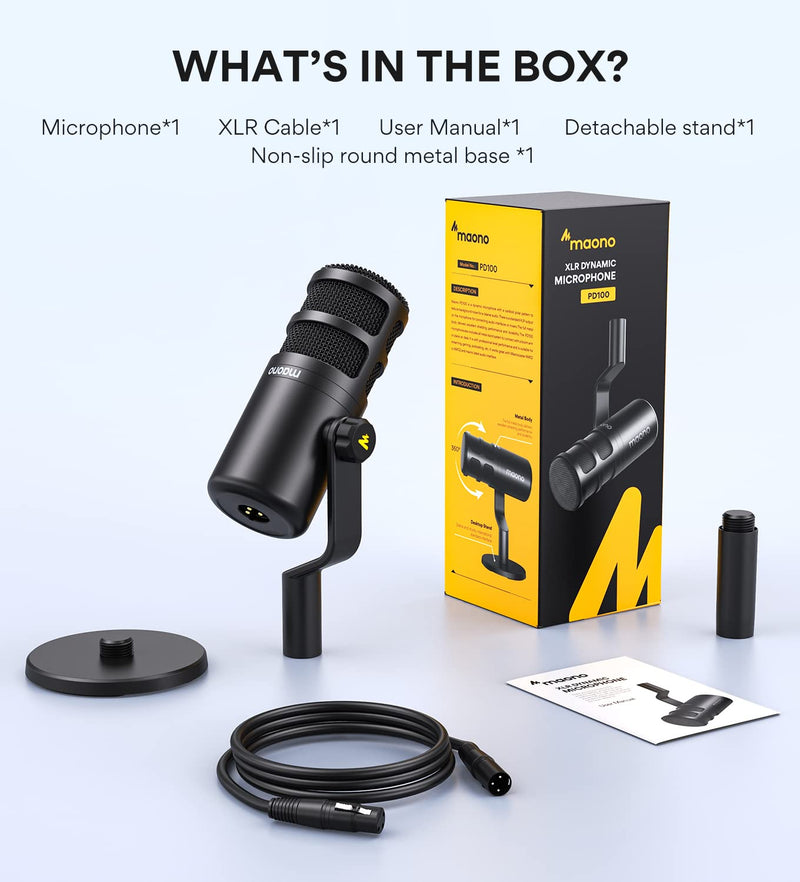 MAONO XLR Podcast Microphone, Cardioid Studio Dynamic Mic for Vocal Recording, Streaming, Voice-Over, Voice Isolation Technology, Metal Mic, Works for Audio Interface, Mixer, Sound Card-PD100 PD100 XLR Microphone
