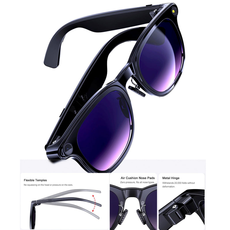 AI Smart Glasses with Camera, 8MP HD Bluetooth Camera Glasses for Women Men | 1080P Video Recording Sunglasses, Real Time Translation, Voice Assistant, Open Earbuds, Travel, Work, Vlog, (3 lenses) Piano black