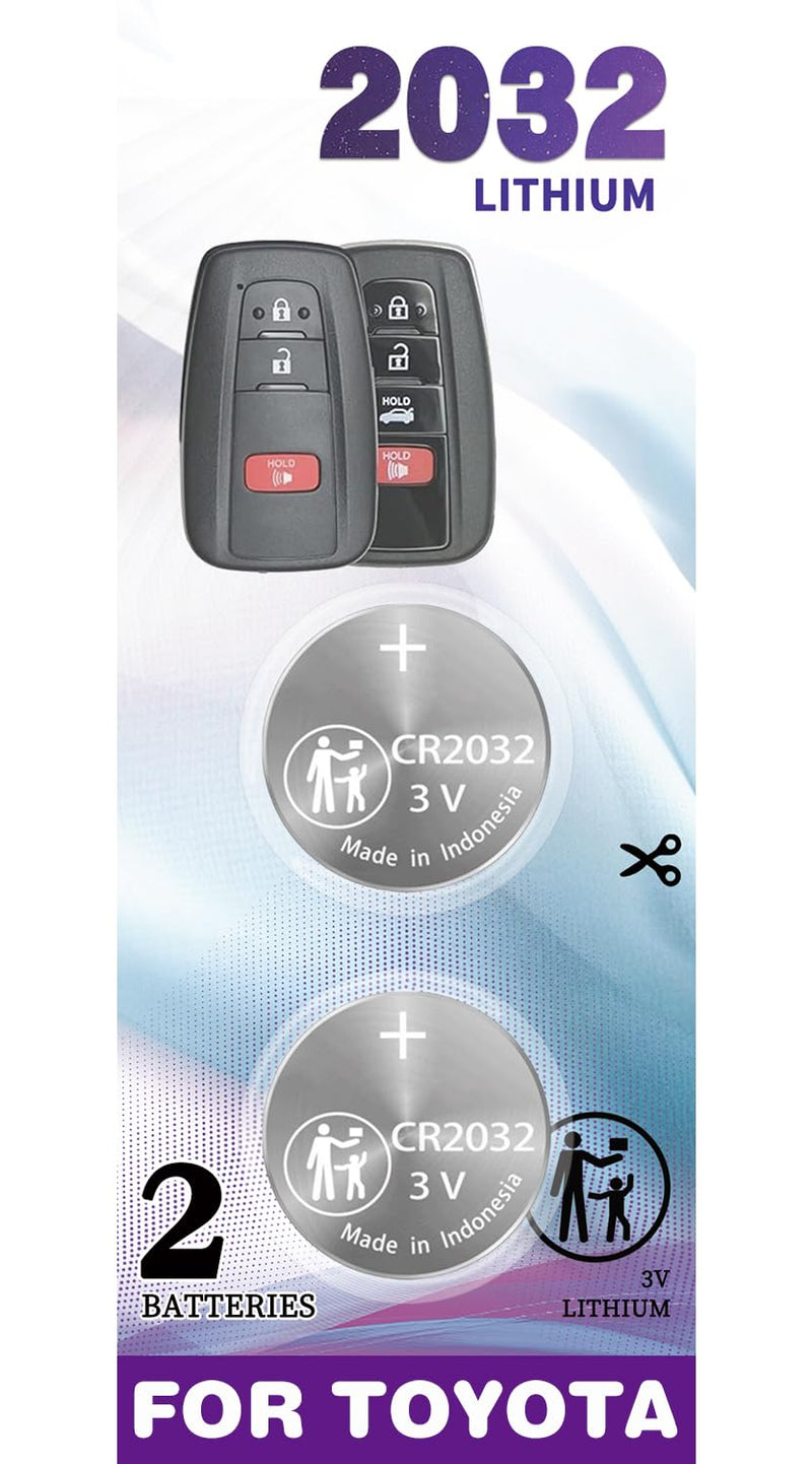 Replacement for Toyota Key Fob Battery, CR2032 Key Fob Batteries fits RAV4 Camry Corolla Highlander Prius Sienna Tacoma Tundra 4Runner Avalon CHR Sequioa Supra GR86 (Pack of 2) Smart Remote Battery