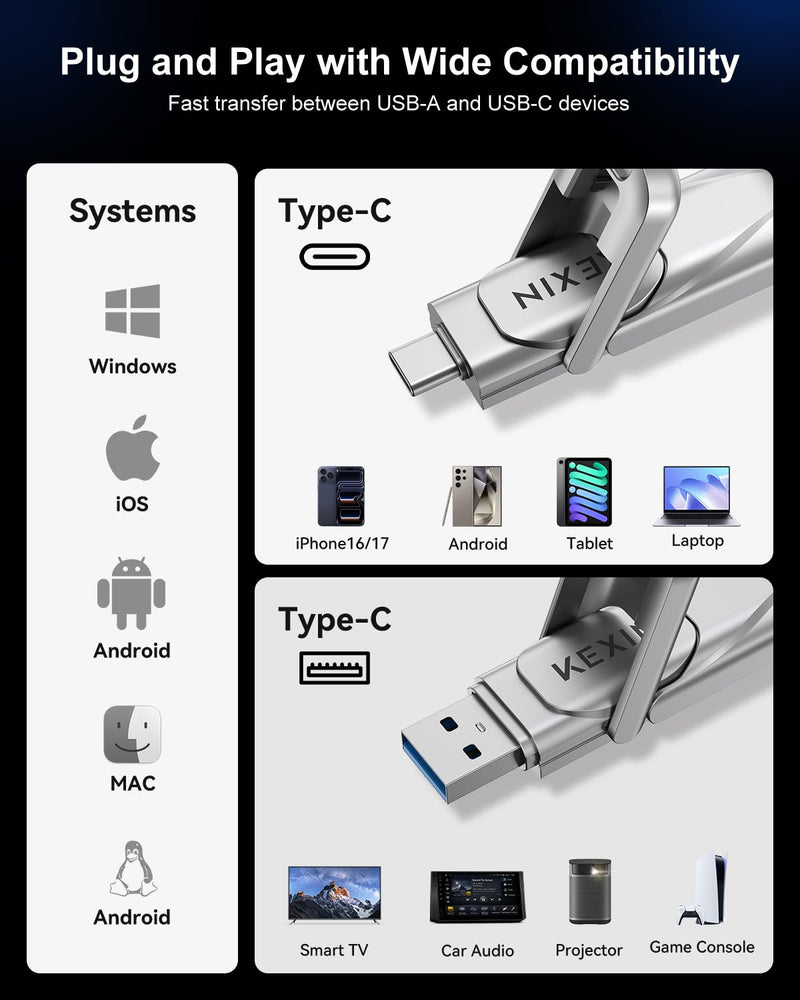 KEXIN 256GB Solid State Drive up to 450MB/s USB 3.2 Gen 1 Dual USB A & USB C Drive Metal for iPhone 15/16/17 Android Smartphone Tablet Game Console Windows Mac 256G silver