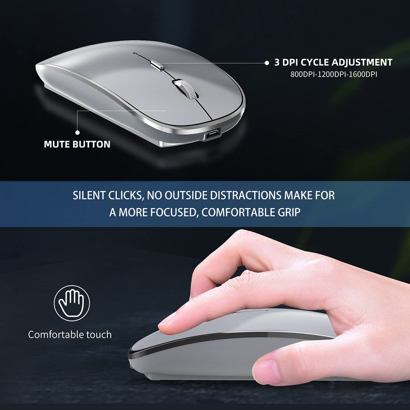 Halpilt Wireless Mouse Chargeable Portable Silent Wireless Mouse USB and Type-C Dual Mode Wireless Mouse 3 Adjustable DPI for Laptop, Mac, MacBook, Android, PC (Q23S Grey)