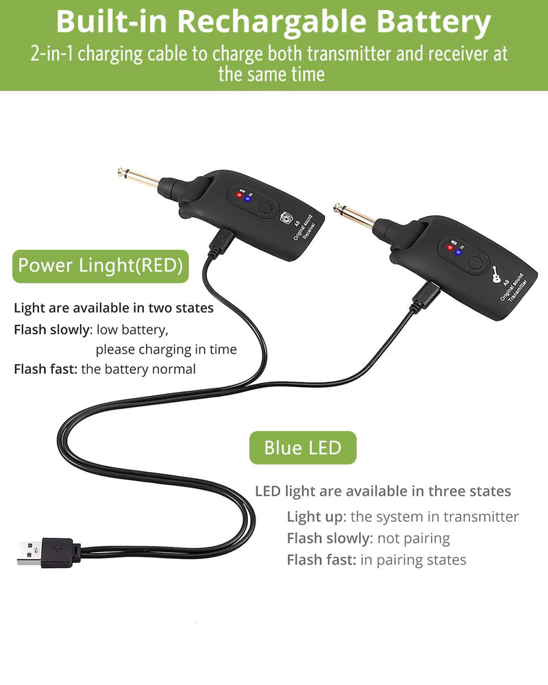KeeKit 2.4GHz Wireless Guitar System, Rechargeable Audio Transmitter & Receiver with 6.35mm (1/4") Female to 3.5mm Male Adapter, Wireless Guitar Kit for Bass, Keyboard, Electric Organ