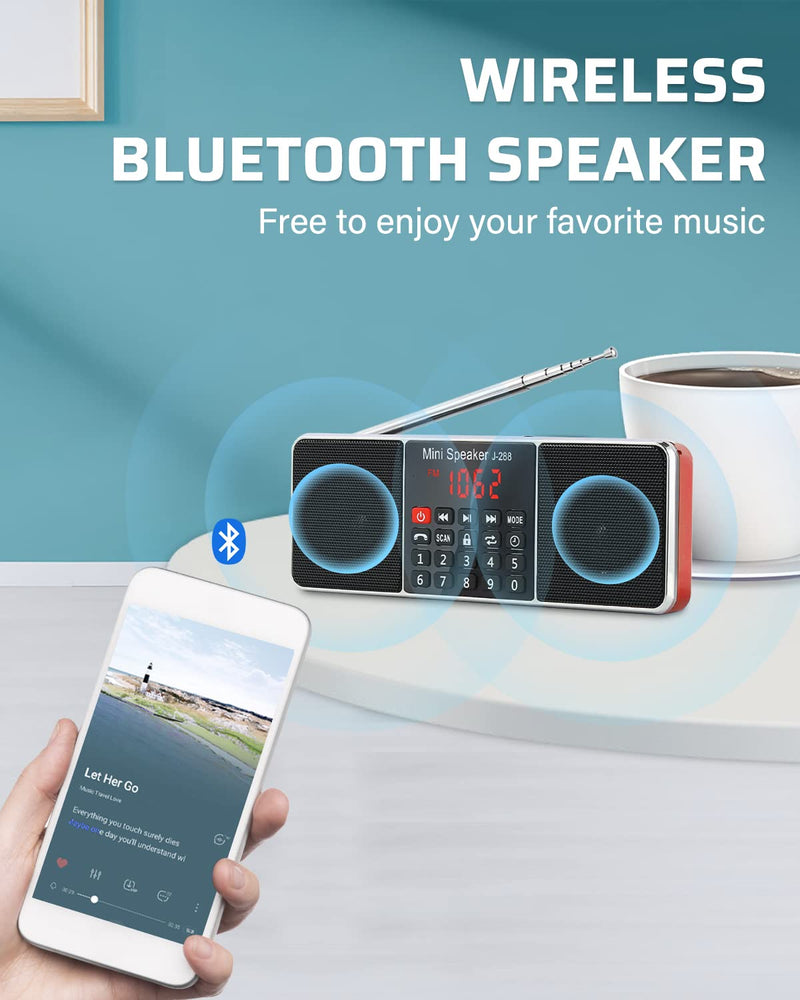 PRUNUS J-288 Portable Radio AM FM Radio with Bluetooth Speaker, Sleep Timer, Power-Saving Display, Ultra-Long Antenna, AUX Input & USB Disk & TF Card MP3 Player, NO Manual Preset Red