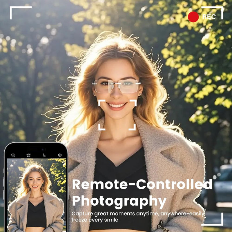 Smart Glasses Rimless Smartglasses with Bluetooth Speaker,Remote Control Photo Taking/UV Protection Voice Control (Photochromic Lenses) Photochromic Lenses