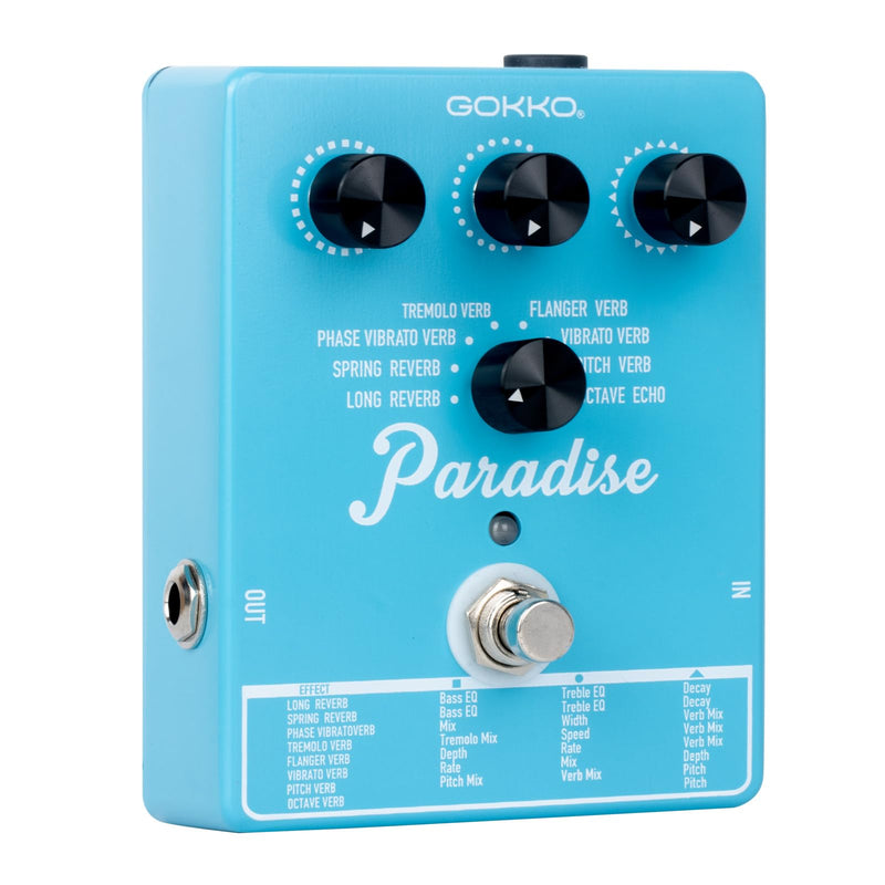 Paradise Multi-Reverb Pedal - 8 Reverb Effects with EQ & Modulation Controls | Versatile Sound Shaping for Guitar & Bass | 9V DC Power Supply