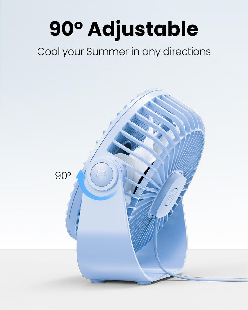 Gaiatop USB Desk Fan, 3 Speeds Portable Small Fan with Strong Airflow, 5.5 Inch Quiet Table Fan, 90° Rotate Personal Cooling Fan For Bedroom Home Office Desktop Travel (Blue) Blue