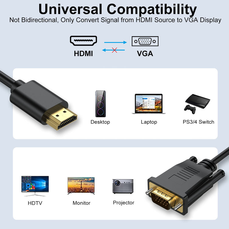 6FT HDMI to VGA Cable 5-Pack,1080P HD | HDMI to VGA Cord (Male to Male)Video Cable for Computer, Desktop, Laptop, PC, Monitor, Projector, HDTV (NOT Bidirectional) 6 Feet 5Pack