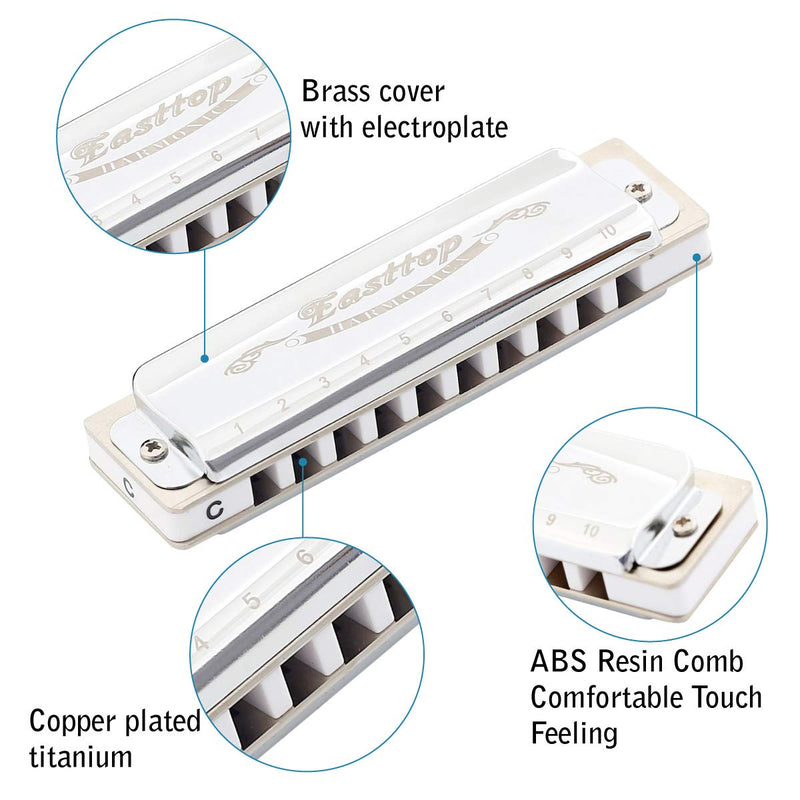[AUSTRALIA] - East top Harmonica, Diatonic Blues Harmonica Key of C, 10 Holes Diatonic Blues Mouth Organ T008, Silver Harmonica For Adults, Professional Player and Students 