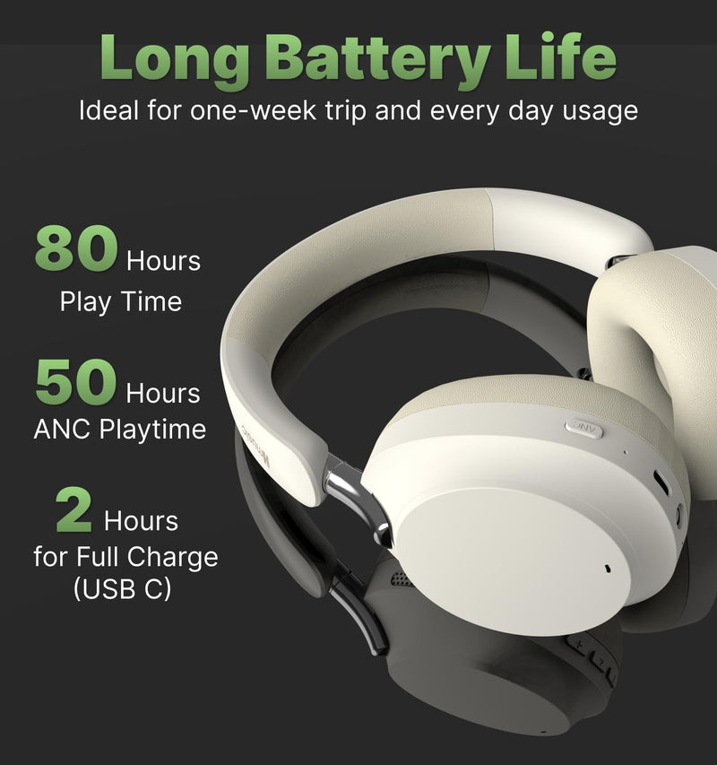 Hmusic MS04 Bluetooth Headphones Active Noise Cancelling Over Ear Headphone | 4-Mic Hybrid -40dB ANC Bluetooth Headset, 2-ENC Mic, 80H Playtime, 3.5mm Aux Cable|Travel Case|Foldable Wireless Headphones